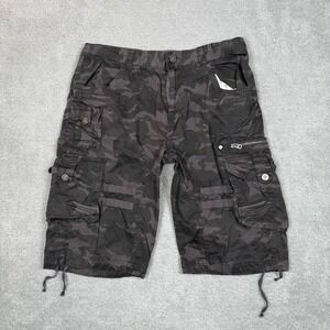 Camo Y2K Mens Cargo Shorts Black Grey Camo Tactical Utility Size 36 100% Cotton